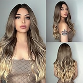 رخيصةأون باروكات شهيرة صناعية-باروكات طويلة متموجة باللون البني الأشقر المتدرج للنساء، باروكات صناعية مجعدة وطبيعية من الألياف المقاومة للحرارة للاستخدام اليومي