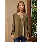 voordelige Overhemden-Dames Overhemd Blouse Katoenen linnen overhemden Effen Basic Lange mouw V-hals Lange tops Casual Dagelijks Zwart Wit Blozend Roze Leger Groen blauw Zomer Lente