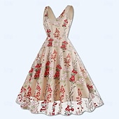 baratos Vestidos-Anos 50 Retro Vintage Vestidos Vestido swing Floral Fantasia Mulheres Dia Das Bruxas Carnaval Baile de Máscaras Roupa Diária Festa de Solteira Adulto Vestido Vestidos de baile