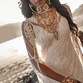 abordables robes de mariée décontractées-Robe de Mariage Boho à Dos Ouvert de Plage Robe de Mariage Simple Sirène Col en V Manches Longues Train Sweep  Brush Dentelle Robes de Mariée Avec Motif 2025