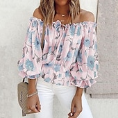 preiswerte Hemden-Damen Boho-Hemd Bluse Blume Modern Boho Langarm Schulterfrei Normale Oberteile Ferien Ausgehen Druck Weiß Rosa Blau Aprikose Sommer