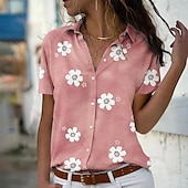 voordelige Dames grafische tops-dames casual bloemenprint overhemd korte mouw reverskraag blauwe regular fit mode blouse voor lente zomer dagelijks gebruik