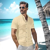 cheap Vacation-Men&#039;s Shirt Linen Shirt Summer Shirt Beach Wear Button Up Shirt Plain Vacation Curise Black White Blue Beige Short Sleeve Stand Collar Summer Clothing Apparel