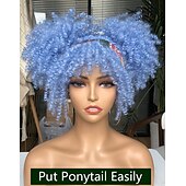 cheap Party Wigs-Curly Wig with Bangs for Black Women Short Kinky Curly Wig 14inch Afro Hair Carnival Party Christmas Cosplay Wigs Sky Blue