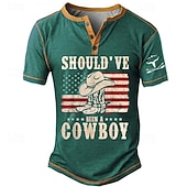 Should've Been a Cowboy American US Flag Shoe Men's Casua T shirt Tee Henley Shirt Sports Outdoor Holiday Going out T shirt Black Navy Blue Blue Short Sleeve Henley Shirt Spring & Summer 13