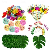 cheap HawaiianSummer Party-114PCS/184PCS Hawaiian Festival Party Turtle Back Leaf Hibiscus Flower Paper Straw Umbrella 24 Cake Sticks Combination Package