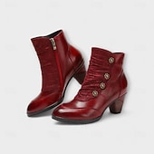 tanie Buty do kostki-damskie botki vintage z czerwonej skóry – najwyższej jakości skóra bydlęca z kwiatowymi akcentami guzikowymi i grubym obcasem, idealne do stylu retro i na co dzień