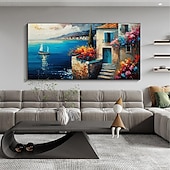 voordelige Schilderijen van landschappen-met de hand geschilderd mediterraan landschap olieverfschilderij op canvas impressionistisch schilderij van de middellandse zee canvas kunst getextureerde kustschildering muurkunst schilderij voor