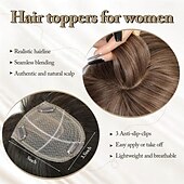 baratos Franjas-Toppers de cabelo de 14 polegadas para mulheres, toppers de cabelo em camadas longas, toppers de cabelo sintético, pedaços de cabelo para mulheres com cabelo ralo, perucas de fibra marrom clara,