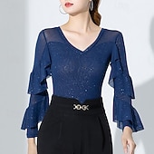 رخيصةأون ملابس تدريب-رقص الصالة ألبسة رياضية / قمصان الرضعثوب الراقص كشاكش لون نقي ربط نسائي أداء التدريب كم طويل ارتفاع عال نايلون