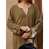 voordelige Overhemden-Dames Overhemd Blouse Katoenen linnen overhemden Effen Basic Lange mouw V-hals Lange tops Casual Dagelijks Zwart Wit Blozend Roze Leger Groen blauw Zomer Lente