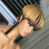 abordables Perruques sans bonnet-Perruques courtes de coupe de lutin de cheveux humains pour les femmes perruque entièrement faite à la machine avec une frange porter et aller perruques blondes droites