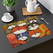 abordables Napperons et sous-verres et dessous de plat-sets de table de table à manger en lin série doodle art cat imperméables à l&#039;huile et isolés tapis de table à manger ménagers résistants à la chaleur imperméables à l&#039;huile et isolés tapis de table à