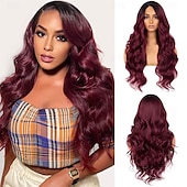 economico Parrucche trendy sintetiche-parrucche per donne 26 pollici lunghe ombre vino rosso con riga centrale parrucche ondulate per le donnegrande parrucca rimbalzante soffice e soffice in fibra sintetica resistente al caloreideale per