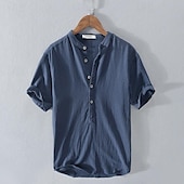 economico Casual da lavoro-Per uomo Camicia Camicia di lino Camicia in cotone e lino Camicia bianca di cotone Camicia con colletto cinese Camicia con colletto alla coreana Semplice Vacanza Streetwear Bianco Blu reale Grigio