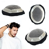 preiswerte Toupets-Toupet für Männer mit 100 % reinem Echthaar, Mono-Oberteil mit Poly-Beschichtung um die Kappe, Herren-Perücke, Basisgröße 6 x 8 Zoll, natürliche Wellen-Haarteile, Ersatz für Männer, System aus Schwarz
