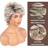 cheap Older Wigs-Short Blonde Pixie Cut Wigs with Bangs for White Women,Brown Ombre Blonde Wig Synthetic Wavy Curly Hair Wigs Mixed Brown Wigs Layered Natural Fluffy Heat Resistant