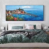 voordelige Schilderijen van landschappen-met de hand geschilderd mediterraan landschap olieverfschilderij op canvas impressionistisch schilderij van de middellandse zee canvas kunst getextureerde kustschildering muurkunst schilderij voor