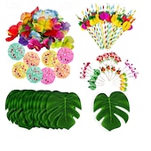 cheap HawaiianSummer Party-114PCS/184PCS Hawaiian Festival Party Turtle Back Leaf Hibiscus Flower Paper Straw Umbrella 24 Cake Sticks Combination Package