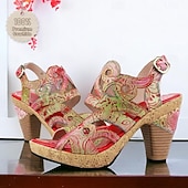 billige Plattformhæler-Dame Høye hæler Sandaler Håndlagde sko Vintage sko Fest Daglig Strand Blomstret Konisk hæl Fantasihæl Elegant Bohem Årgang Lær Spenne Rød Blå Brun