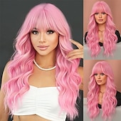 economico Parrucche trendy sintetiche-lunghe parrucche ondulate viola con frangia 26 pollici ricci sintetici parrucche ombre resistenti al cuore per le donne cosplay di feste quotidiane usate