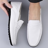 cheap Casual-Men&#039;s White Faux Leather Loafers – Casual Slip-On Driving Shoes for Business &amp; Summer Wear