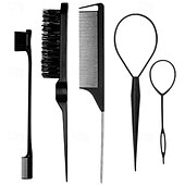 abordables Peignes et brosses à cheveux-Ensemble de peignes à cheveux 4 pièces, teinture par reflets, peigne à queue pointue, brosse à sourcils, aiguille en acier, peigne à longue queue, ensemble de conception de coiffure épilateur