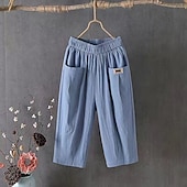 お買い得  プレーンコットンリネンパンツ-女性用 コットンリネンパンツ パンツ カジュアル 普段着 ふくらはぎ丈 平織り ポケット 通気性 快適 伸縮性なし お出かけ 週末 ブラック ホワイト イエロー ブルー 春夏 レギュラー