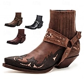 tanie Buty motocyklowe-męskie czarne skórzane botki w stylu western z haftowanymi zdobieniami i metalową uprzężą - buty w stylu kowbojskim na rodeo, imprezy country i na co dzień
