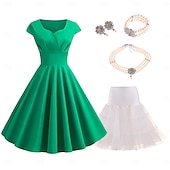 baratos Conjuntos-conjunto com vestido vintage flare colar de pérolas falsas brincos pulseira com anágua tutu sob a saia 1950 anos 1960 rockbility vestido retrô vintage feminino 6 peças roupas primavera verão roupa