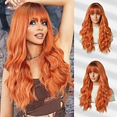 economico Parrucche trendy sintetiche-lunghe parrucche ondulate viola con frangia 26 pollici ricci sintetici parrucche ombre resistenti al cuore per le donne cosplay di feste quotidiane usate