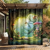 preiswerte Wasserdichte Vorhänge-Wasserdichter Outdoor Vorhang Außenvorhang für Privatsphäre, Außenjalousien, verschiebbare Terrassenvorhangvorhänge, Pergolavorhänge mit Ösen, Pilzwald für Pavillon, Balkon, Veranda, Party