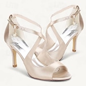 billige Prom-kvinners sateng peep-toe hæler med perle ankel stropp – elegante champagne bryllup sko for bruder og brudepiker