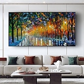 abordables Peintures paysages-peinture au couteau à pattle couple peint à la main avec parapluie marchant sous les lumières arbres effet de peinture à l&#039;huile retrousser l&#039;art de la toile peinture d&#039;art mural peinture de paysage