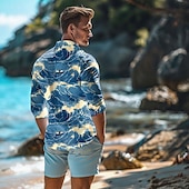 economico Stampa oceanica-Per uomo Spray Modello di paesaggio marino Camicia hawaiana Camicia Aloha Camicie stampate Manica lunga Camicia Collo ripiegabile Hawaiano Ricorrere Da mare Feste Strada Blu Blu scuro S M L
