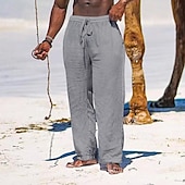 cheap Holiday-Men&#039;s Linen Pants Trousers Summer Pants Beach Pants Pocket Drawstring Elastic Waist Plain Comfort Breathable Daily Holiday Vacation Hawaiian Boho Black White