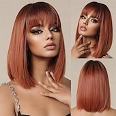 economico Parrucche trendy sintetiche-parrucca bionda castano bob ombre con frangia parrucche corte diritte naturali per donne parrucche sintetiche lunghe fino alle spalle per cosplay quotidiano