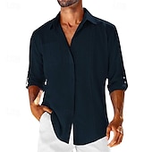 ieftine Business Casual-Bărbați Cămașă cămașă de in Cămașă din bumbac și in Cămașă de vară Cămașă de plajă Simplu Hawaiian Concediu Negru Alb Bleumarin Caisă Manșon Lung Rever Primăvara &amp; toamnă Îmbrăcăminte Peteci