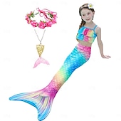 voordelige Zeemeermin badpak-Kinderen Voor meisjes Vijf stuk Zeemeermin zwemkleding Badmode Bikini Strand Zwemmen Regenboog Tie Dye leuke Style Badpakken 3-10 jaar Zomer Licht Blauw Kleurrijk