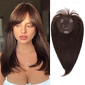 baratos Franjas-Topper de cabelo de 14 polegadas para mulheres com cabelos ralos, perucas toppers para cabelos ralos com franja, cobertura de base grande, topper de cabelo sintético, prendedores de cabelo, marrom