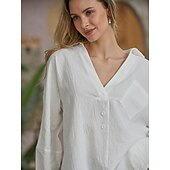 voordelige Overhemden-Dames Katoenen linnen overhemd Blouse Effen Basic Lange mouw V-hals Normale tops Werk Casual Knop Zak Zwart Wit Rood Khaki Grijs Zomer Lente