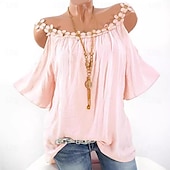 voordelige Dames eenvoudige tops-Overhemd Kanten overhemd Blouse Dames Wit Blozend Roze Leger Groen Effen Koude schouder Straat Dagelijks Modieus Ronde hals Normale pasvorm S