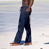 cheap Holiday-Men&#039;s Linen Pants Trousers Summer Pants Beach Pants Pocket Drawstring Elastic Waist Plain Comfort Breathable Daily Holiday Vacation Hawaiian Boho Black White