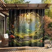 preiswerte Wasserdichte Vorhänge-Wasserdichter Outdoor Vorhang Außenvorhang für Privatsphäre, Außenjalousien, verschiebbare Terrassenvorhangvorhänge, Pergolavorhänge mit Ösen, Pilzwald für Pavillon, Balkon, Veranda, Party
