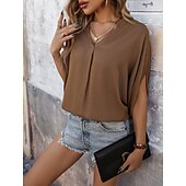 voordelige Vrouwen Werk Tops-Overhemd Blouse Dames Bruin Effen Sexy Straat Dagelijks Modieus V-hals Normale pasvorm S