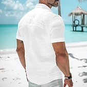 cheap Vacation-Men&#039;s Shirt Linen Shirt Summer Shirt Beach Wear Button Up Shirt Plain Vacation Curise Black White Blue Beige Short Sleeve Stand Collar Summer Clothing Apparel