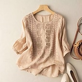 ieftine Cămăși-Pentru femei Cămașă Bluză Topuri lungi din bumbac Blat alb din bumbac Floral Casual Manșon Jumate Rotund Topuri obișnuite Ieșire Brodat Alb Galben Mov Kaki