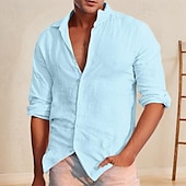 voordelige Zakelijk Casual-Voor heren Overhemd Linnen overhemd Wit katoenen overhemd Zomer overhemd Strand hemd Katoenen linnen overhemd Effen Vakantie Hawaii Oranje Abrikoos Licht Blauw Lange mouw Revers Lente &amp; Herfst Kleding