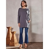 お買い得  チュニックトップ-Tシャツ 女性用 ブラック イエロー 単色/無地 パッチワーク ポケット ストリート 日常 日常 クラシック ラウンドネック レギュラー S