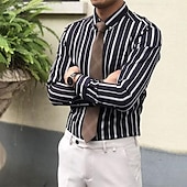 preiswerte Herrenhemd zum Knöpfen-Herren Hemd Sommerhemd Freizeithemd Strandhemd Knopfhemd Gestreifte Hemden Schwarz Weiß Blau Langarm Gestreift Umlegekragen Urlaub Ferien Button-Down Bekleidung Polyester Mode Lässig Bequem